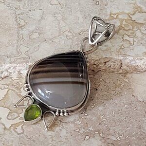 Mexican Agate Gemstone with Peridot Gemstone Pendant Sterling Silver